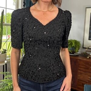 Vintage 80s Benet Original Black Sequin Floral Peplum Top Sweetheart Puff Sleeve